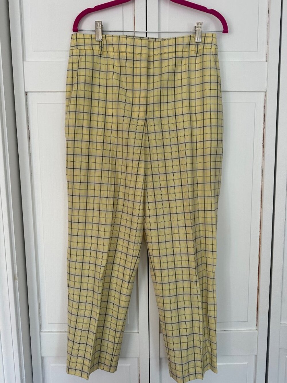 Tibi Windowpane Plaid Yellow and Navy Trowsers, Size 10